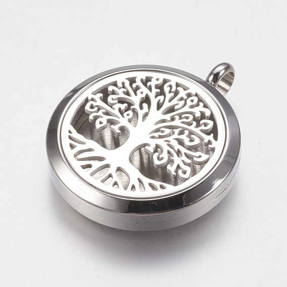 316 Surgical Stainless Steel Diffuser Locket Pendants, with Perfume Pad and Magnetic Clasp, Flat Round with Tree