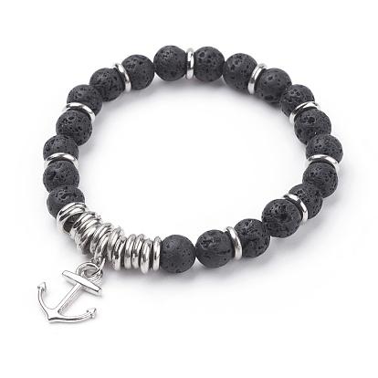 Natural Gemstone Charm Bracelets, with Alloy Anchor Pendants and CCB Plastic Beads, Platinum