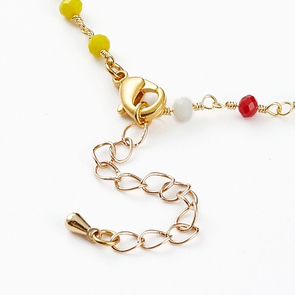 Faceted Glass Beaded Necklaces, with Brass Beads and Lobster Claw Clasps, Round, Real 18K Gold Plated