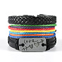 Leather Braided Bead Bracelets, Wax Cord Multi-Strand Bracelets, with Alloy Word Love Charms