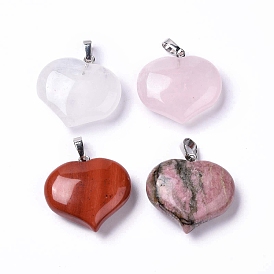 Natural Gemstone Pendants, Love Heart Charms, with Platinum Tone Brass Snap on Bails