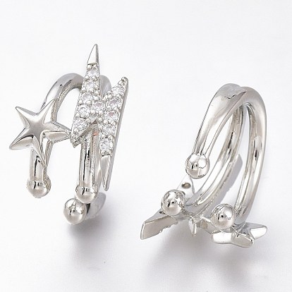Brass Micro Pave Clear Cubic Zirconia Cuff Earrings, Long-Lasting Plated, Star & Lightning Bolt