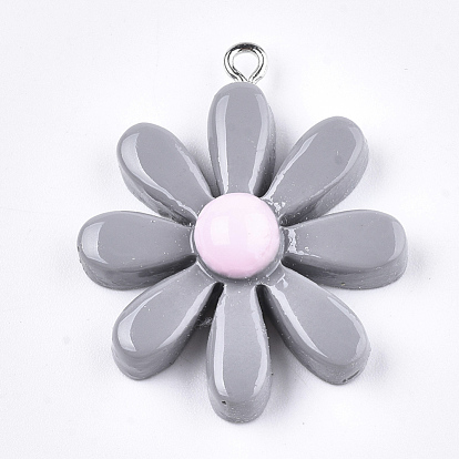 Resin Pendants, with Platinum Tone Iron Findings, Flower