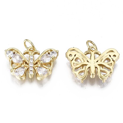 Brass Micro Pave Clear Cubic Zirconia Pendants, with Jump Ring, Cadmium Free & Nickel Free & Lead Free, Butterfly Shape