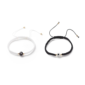 2Pcs 2 Color Round Lampwork Evil Eye Braided Bead Bracelets Set, Adjustable Bracelets for Women