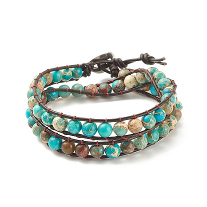 Round Natural Imperial Jasper(Dyed) Braided Wrap Bracelet, Gemstone Two Loops Bracelet for Women