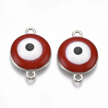 Alloy Links Connectors, with Enamel, Flat Round with Evil Eye, Platinum