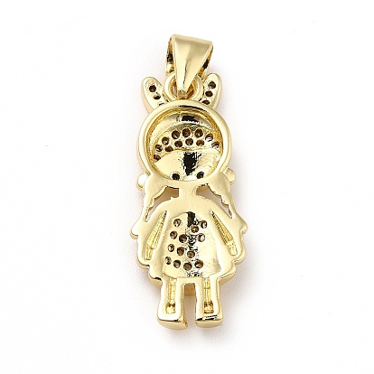 Brass Micro Pave Cubic Zirconia Pendants, Real 18K Gold Plated, Girl Charm with Rabbit Hat