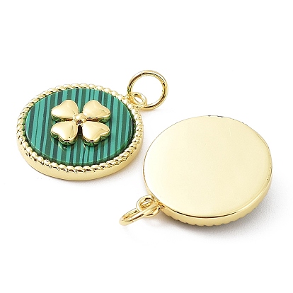 Rack Plating Natural Malachite Pendants, Brass Flat Round Charms with Clover, Cadmium Free & Lead Free