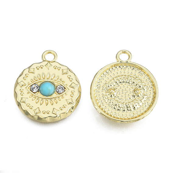 Rack Plating Alloy Pendants, with Crystal Rhinestone and Synthetic Turquoise, Flat Round with Horse Eye, Cadmium Free & Nickel Free & Lead Free