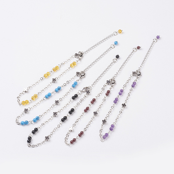 Natural Gemstone Anklets, with Brass Findings and 316 Surgical Stainless Steel Chains