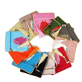 Linen Cloth Embroidery Clothes Jewelry Storage Zipper Pouches with Tassel, for Earrings Rings Bracelets, Square, Random Pattern