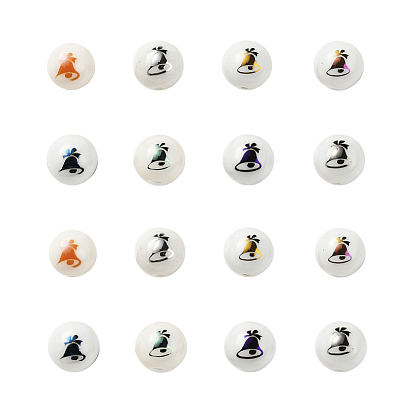 80Pcs 8 Colors Christmas Opaque Glass Beads, Round with Electroplate Christmas Bell Pattern