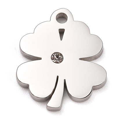 304 Stainless Steel Charms, Manual Polishing, with Crystal Rhinestone, Clover