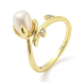 Flower Natural Pearl Cuff Ring with Rhinestone, Brass Finger Ring