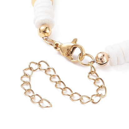 Heart Charm Bracelet, Polymer Clay Heishi Surfer Bracelet, Preppy Jewelry for Women, Golden