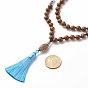 Natural Wenge Wood Beads Mala Prayer Necklace, Big Tassel Pendant Neclace for Meditation Buddhist, Blue