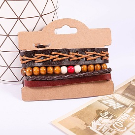 Imitation Leather Braided Bracelets Sets, Wood Beaded Bracelets for Men