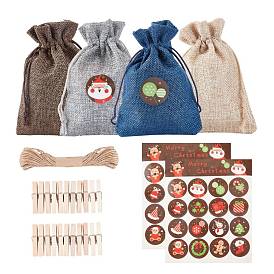 DIY Christmas Jewelry Kits, with Burlap Packing Pouches Drawstring Bags, Sealing Stickers, Wooden Craft Pegs Clips and Jute Twine
