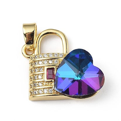 Real 18K Gold Plated Rack Plating Brass Micro Pave Clear Cubic Zirconia Pendants, with Glass, Long-Lasting Plated, Cadmium Free & Lead Free, Lock with Heart Charm