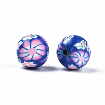 Handmade Polymer Clay Beads, Round with Flower