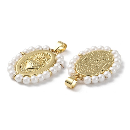 Accumuler pendentifs en laiton placage, avec des perles d'imitation en plastique, sans cadmium et sans plomb, ovale avec breloque coeur