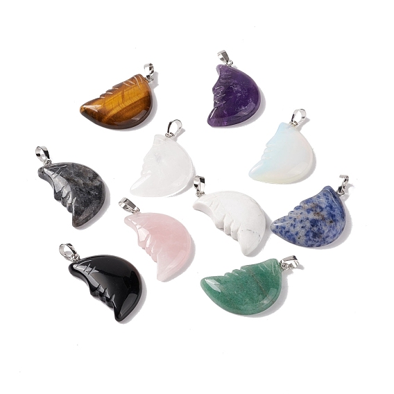 Natural & Synthetic Gemstone Pendants, Moon Charm, with Platinum Tone Brass Findings