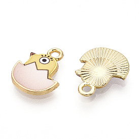 Printed Light Gold Tone Alloy Pendants, Chick in Egg Charms