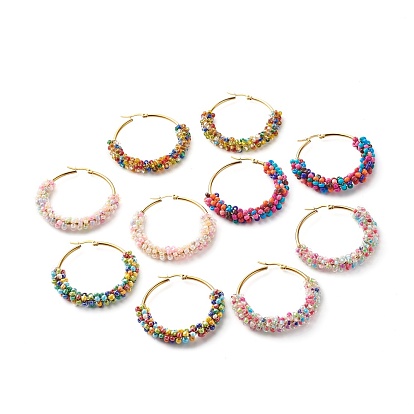 Boucles d'oreilles créoles en perles de verre pour fille femmes, avec 304 fil d'oreille en acier inoxydable, or