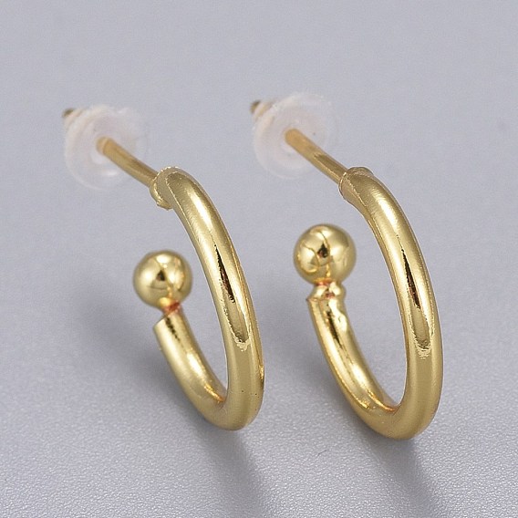 Brass Stud Earrings, Half Hoop Earrings, with Plastic Ear Nut, Long-Lasting Plated, Ring