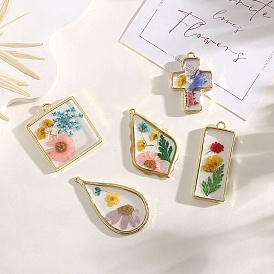 Rectangle/Teardrop/Leaf/Square/Cross Inner Dried Flower Resin Pendants, with Alloy Finding