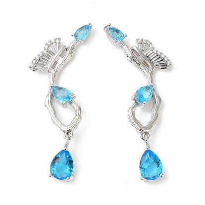 Arete colgante de mariposa con circonita cúbica azul cielo y lágrima, joyas de latón para mujer, sin cadmio y níque y plomo
