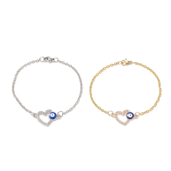 2 pcs 2 coeur de strass en cristal de couleur avec ensemble de bracelets à maillons mauvais œil, bijoux en alliage pour femmes