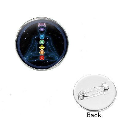 Yoga Theme Glass Flat Round Lapel Pin, Alloy Badge for Backpack Clothes