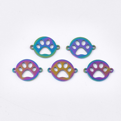 Ion Plating(IP) 201 Stainless Steel Pet Links, Flat Round with Dog Paw Print