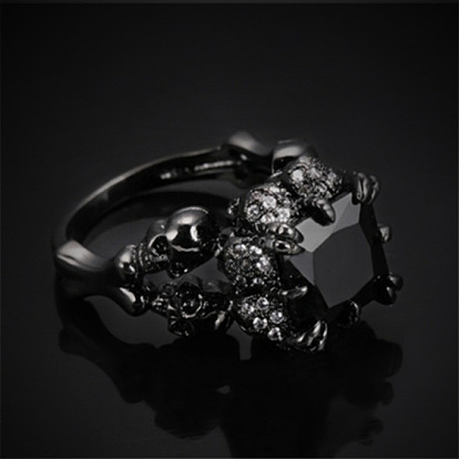 Anillo de dedo de diamantes de imitación rectángulo, anillo gótico de calavera de aleación para mujer