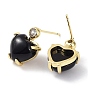 Heart Natural Black Agate Dangle Stud Earrings with Cubic Zirconia, Rack Plating Brass Earrings for Women, Cadmium Free & Lead Free