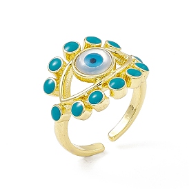 Deep Sky Blue Natural Shell Evil Eye Open Cuff Ring with Enamel, Rack Plating Brass Jewelry for Women, Cadmium Free & Lead Free