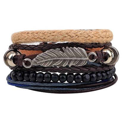 Multi-strand Bracelets, Stackable Bracelets, with Imitation Leather, Waxed Cotton Cord, Wooden Bead and Hemp Rope, Leaf, Antique Silver