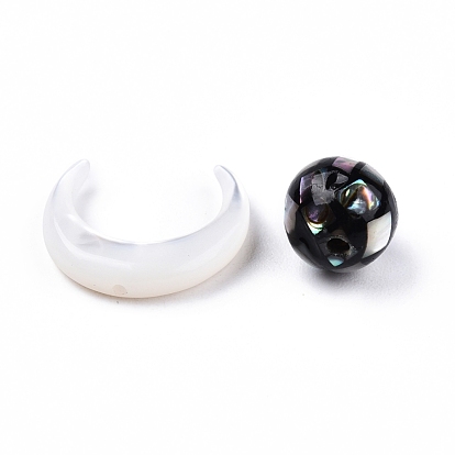 Perles de coquillage blanc naturel naturel, avec des perles de coquillage à lèvres noires naturelles, lune avec rond