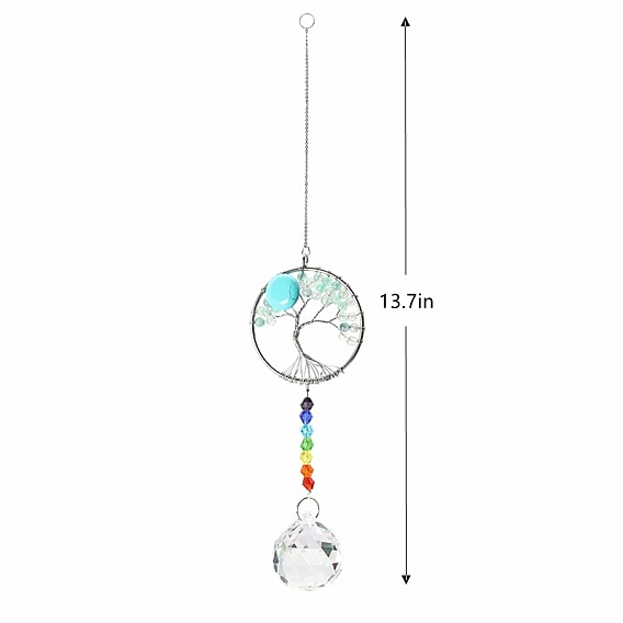 Big Pendant Decorations, Hanging Sun Catchers, Chakra Thme K9 Crystal Glass, Flat Round with Tree of Life