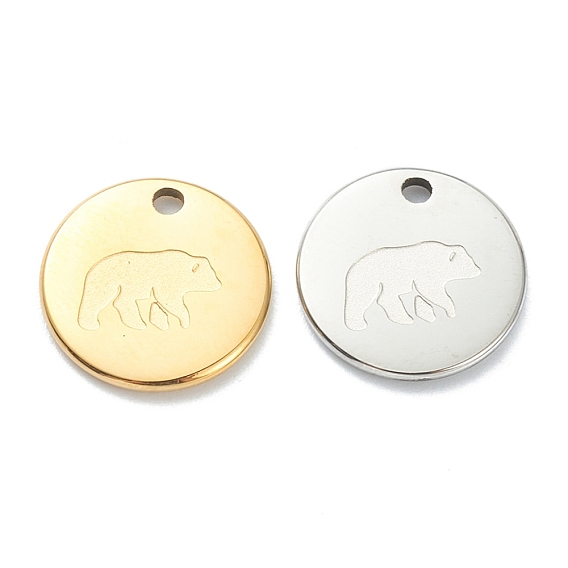304 Stainless Steel Charms, Flat Round with Bear