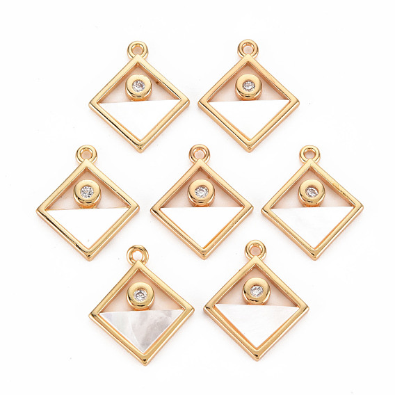 Natural Shell Pendants, with Brass Findings and Crystal Rhinestone, Long-Lasting Plated, Cadmium Free & Lead Free, Rhombus
