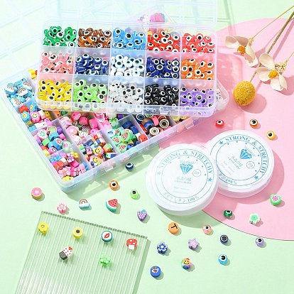 Kit de fabrication de bracelets de bricolage, y compris les perles de résine de mauvais œil, arc-en-ciel & fleur & coeur & doux & coeur & perles d'argile polymère de fruits, fil élastique
