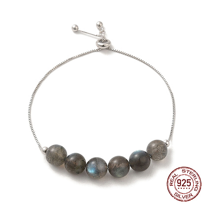 Rhodium Plated 925 Sterling Silver Slider Bracelets, with Natural Moonstone Round Beaded, with S925 Stamp