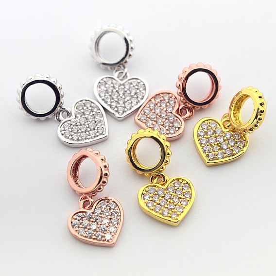 Brass Micro Pave Cubic Zirconia Large Hole European Dangle Heart Charms, Cadmium Free & Nickel Free & Lead Free, 17mm, Hole: 4mm, Heart: 10x9x1.5mm