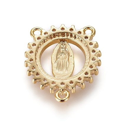 Brass Cubic Zirconia Chandelier Component Links, 3 Loop Connectors, Religion, Flower with Virgin Mary, Clear