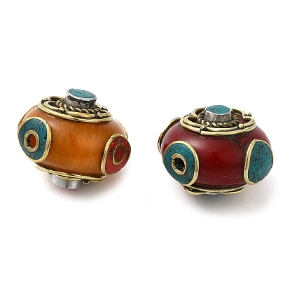 Perles de style à la main tibétains, avec turquoise synthétique, imitation cire d'abeille et apprêts en laiton, rondelle