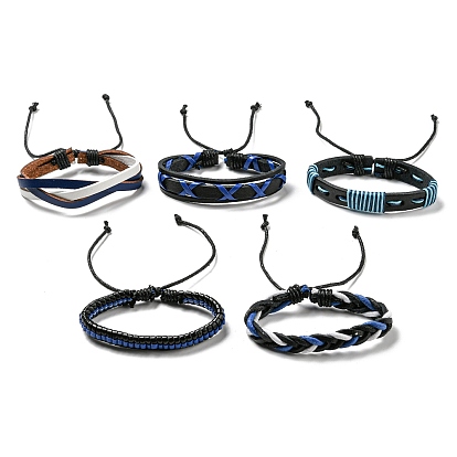 5 pcs 5 style réglable tressé imitation cuir cordon ensembles de bracelets avec cordon ciré pour hommes