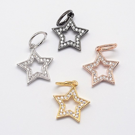 CZ Brass Micro Pave Cubic Zirconia Five-Pointed Star Charms, 15x14x2mm, Ring: 5.5x1.2mm